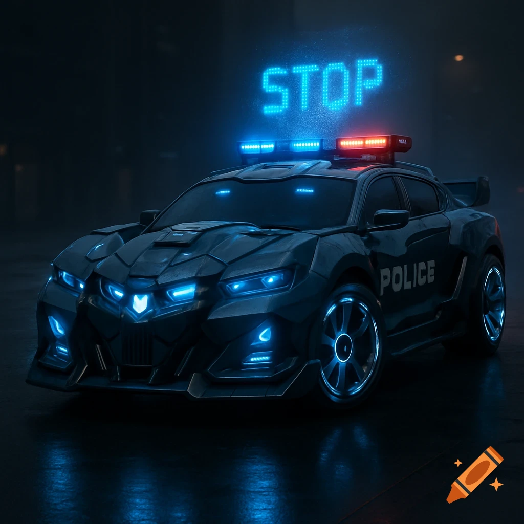 A futuristic, armored police car with glowing blue lights and red sirens. The word 'STOP' is projected above it, and 'POLICE' is on the side.