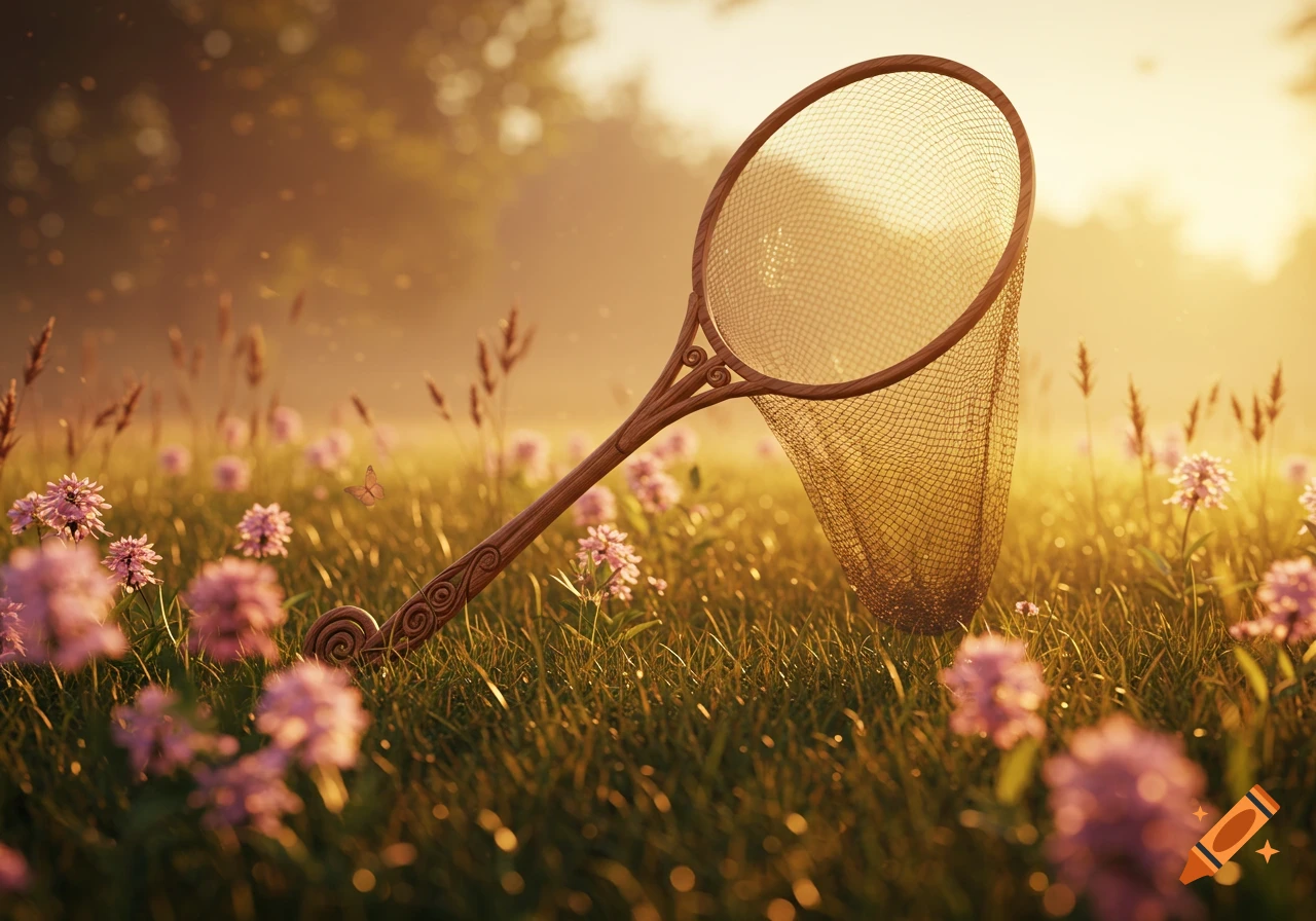A wooden butterfly net stands in a sunlit field with pink flowers and a small butterfly in the background.