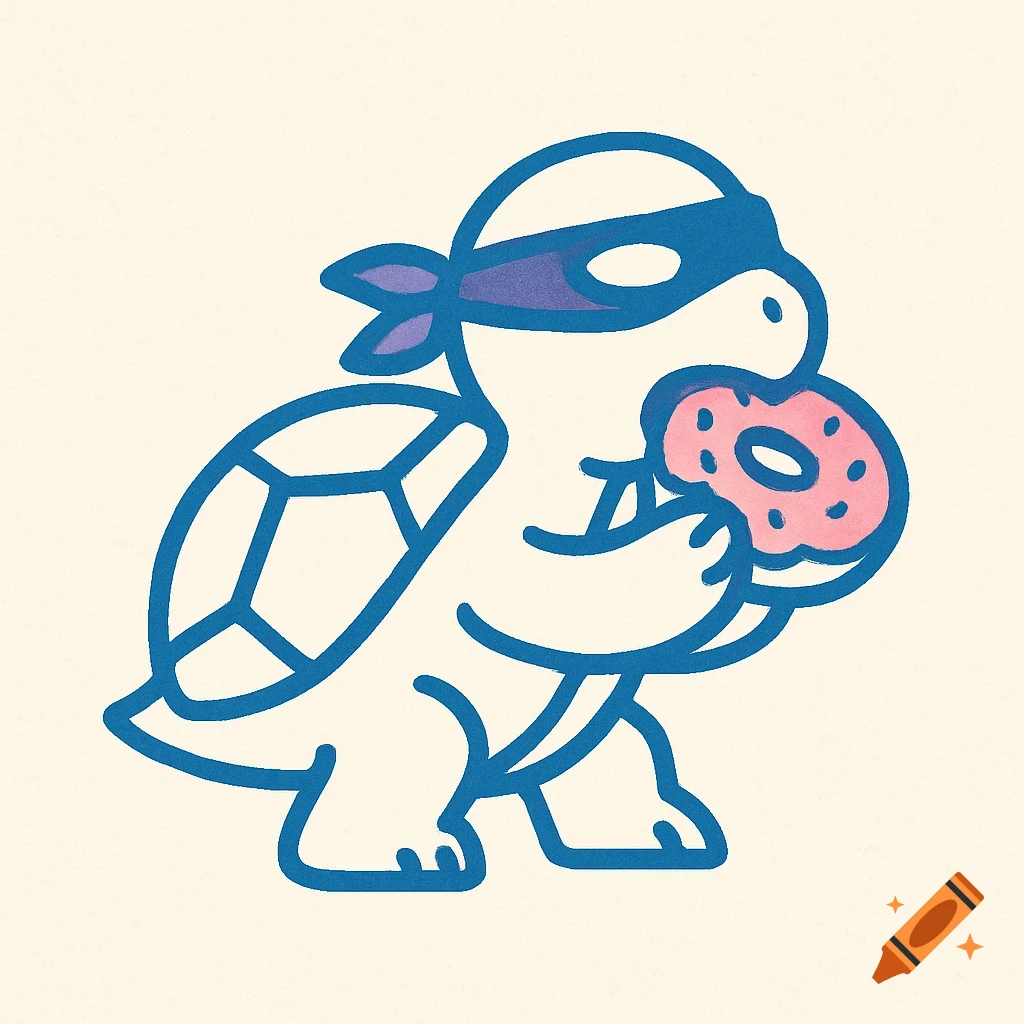 Minimal cartoon logo of a turtle wearing a purple eye mask and eating a pink donut, outlined in blue.