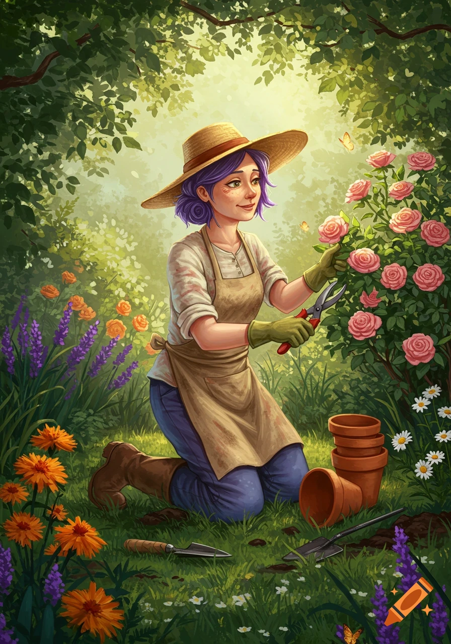 A woman with purple hair and a straw hat kneels in a lush garden, pruning pink roses. Surrounded by colorful flowers and green foliage, in a stylized art.