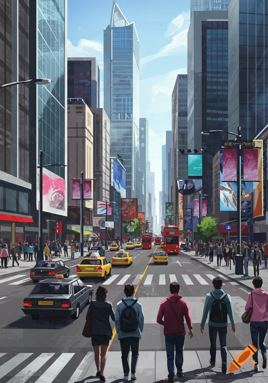 An illustrative view of a bustling city street with tall skyscrapers, yellow taxis, red double-decker buses, and numerous pedestrians.