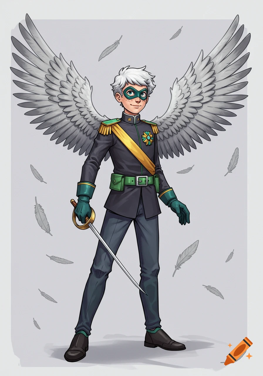 A young male superhero with white hair, a green mask, and large wings, wearing a military-style uniform and holding a rapier. Stylized cartoon art.