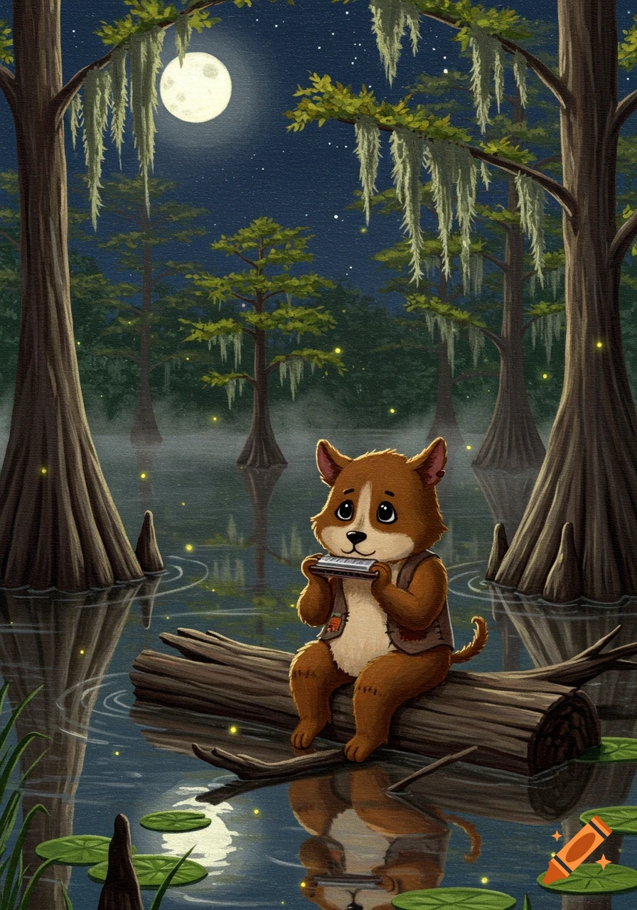A whimsical illustration of a brown dog playing a harmonica on a log in a moonlit swamp with cypress trees and fireflies.