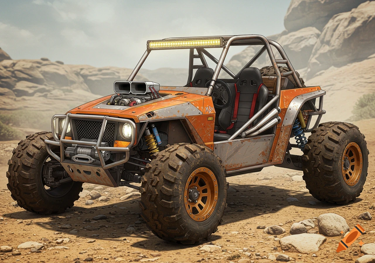 A rugged orange and gray off-road buggy with large knobby tires and a roll cage is parked on a dirt trail in a rocky desert landscape.