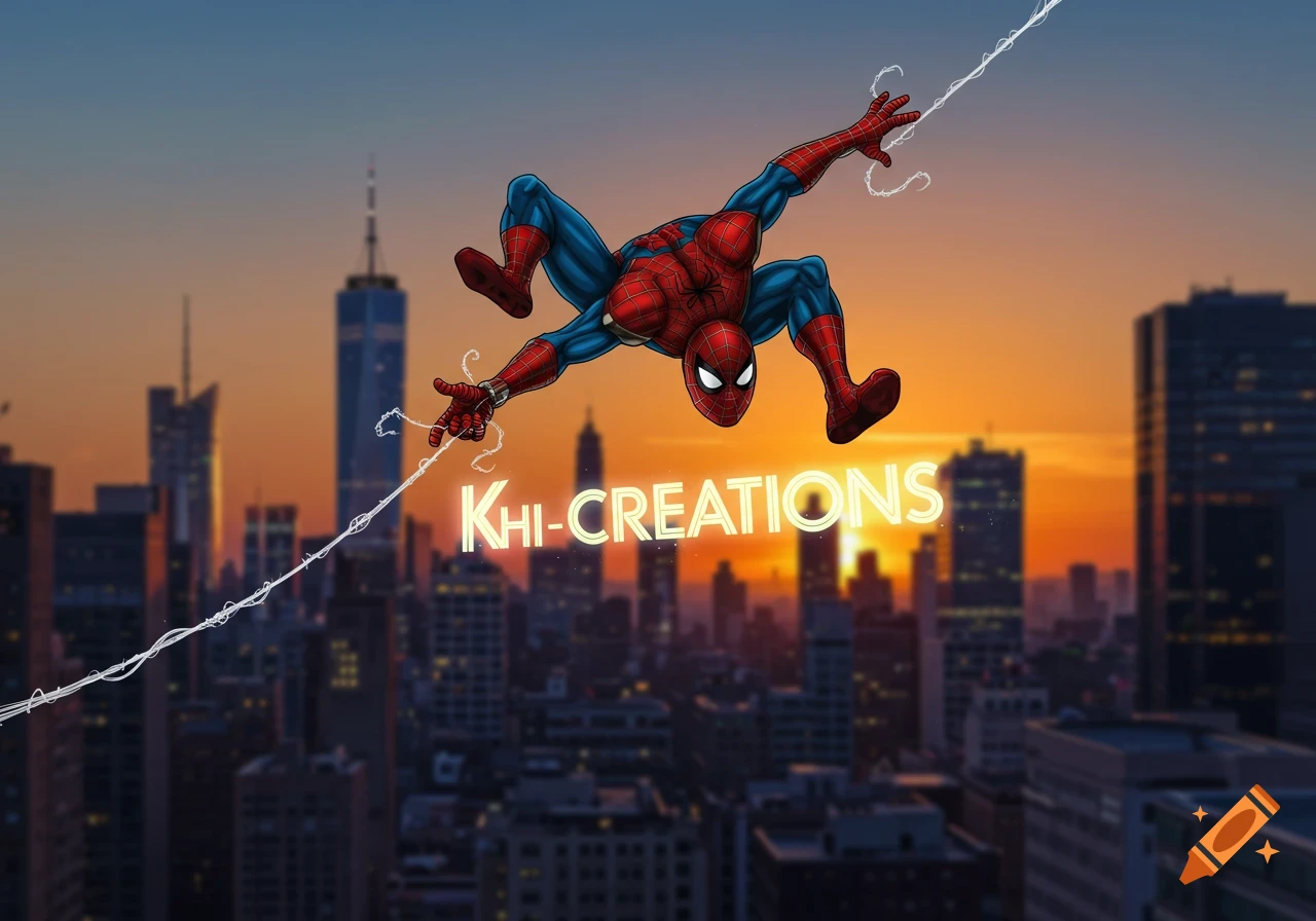A comic book style Spider-Man swings from a web against a sunset cityscape with "KHI-CREATIONS" glowing in the foreground.