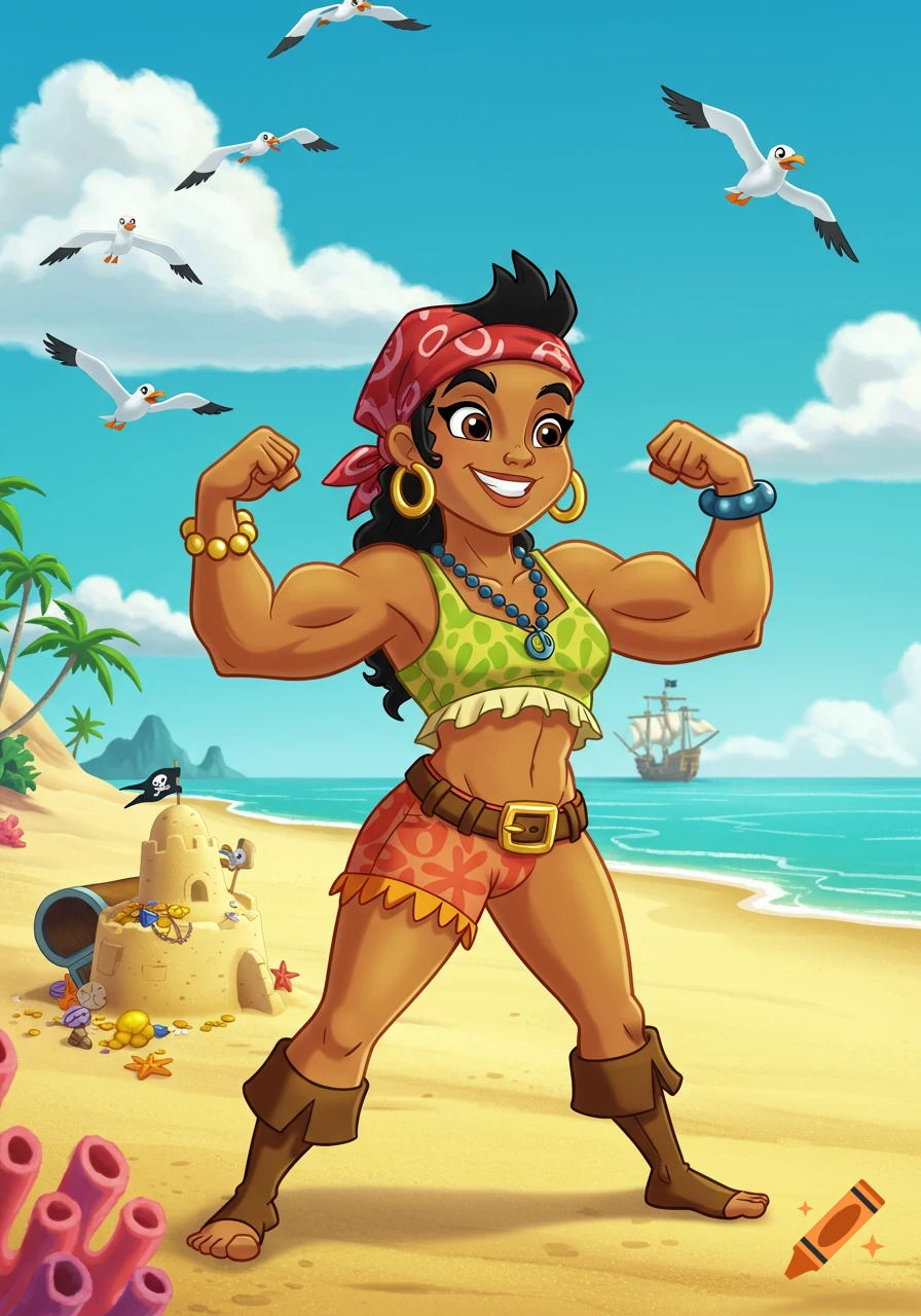 A muscular female cartoon pirate flexing her biceps on a sunny beach with a sandcastle, palm trees, and a ship in the background.