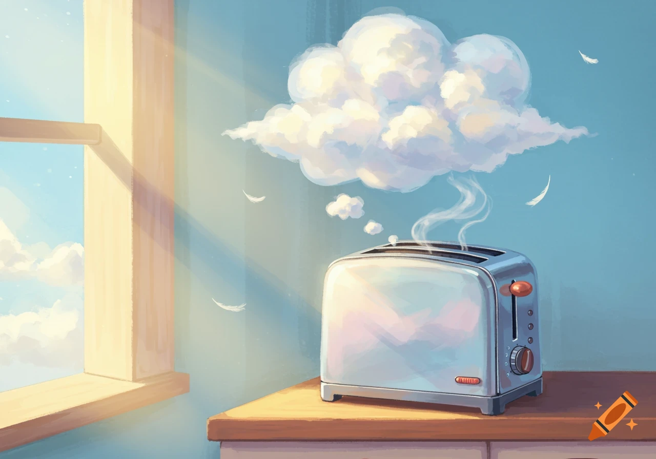 A toaster on a wooden counter emits a large cloud with smaller clouds above it, like a dream bubble, in a sunlit room by a window.