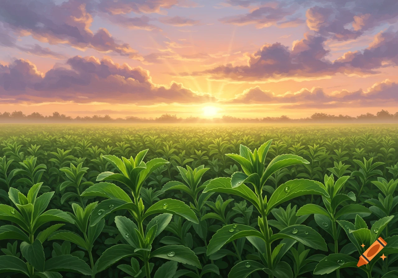 A field of green plants under a vibrant sunrise sky with purple and orange clouds.