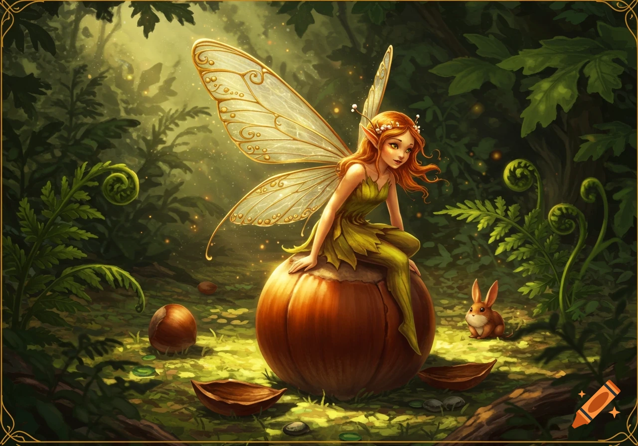 A red-haired fairy with golden wings sits on a giant hazelnut in a vibrant, enchanted forest with a small rabbit nearby.