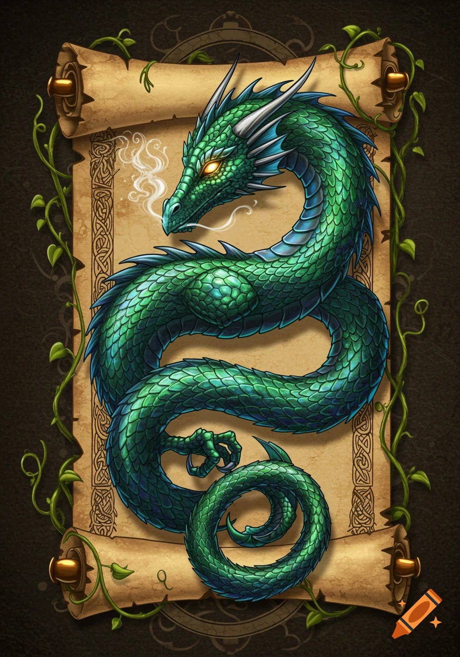 A vibrant green dragon with glowing orange eyes is coiled around a weathered parchment scroll adorned with Celtic knotwork, set against a dark background.