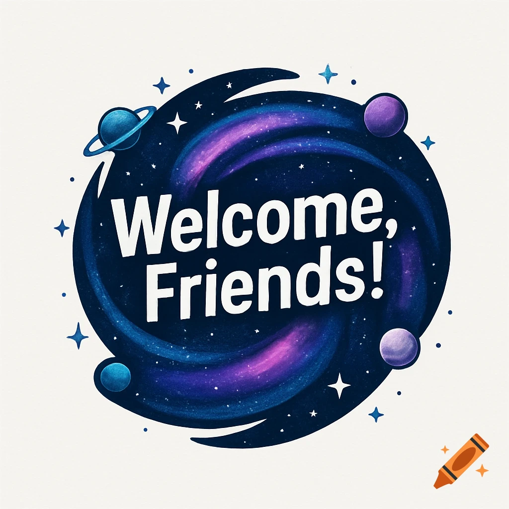A space-themed logo featuring a swirling galaxy, planets, and stars, with the white text 'Welcome, Friends!'.