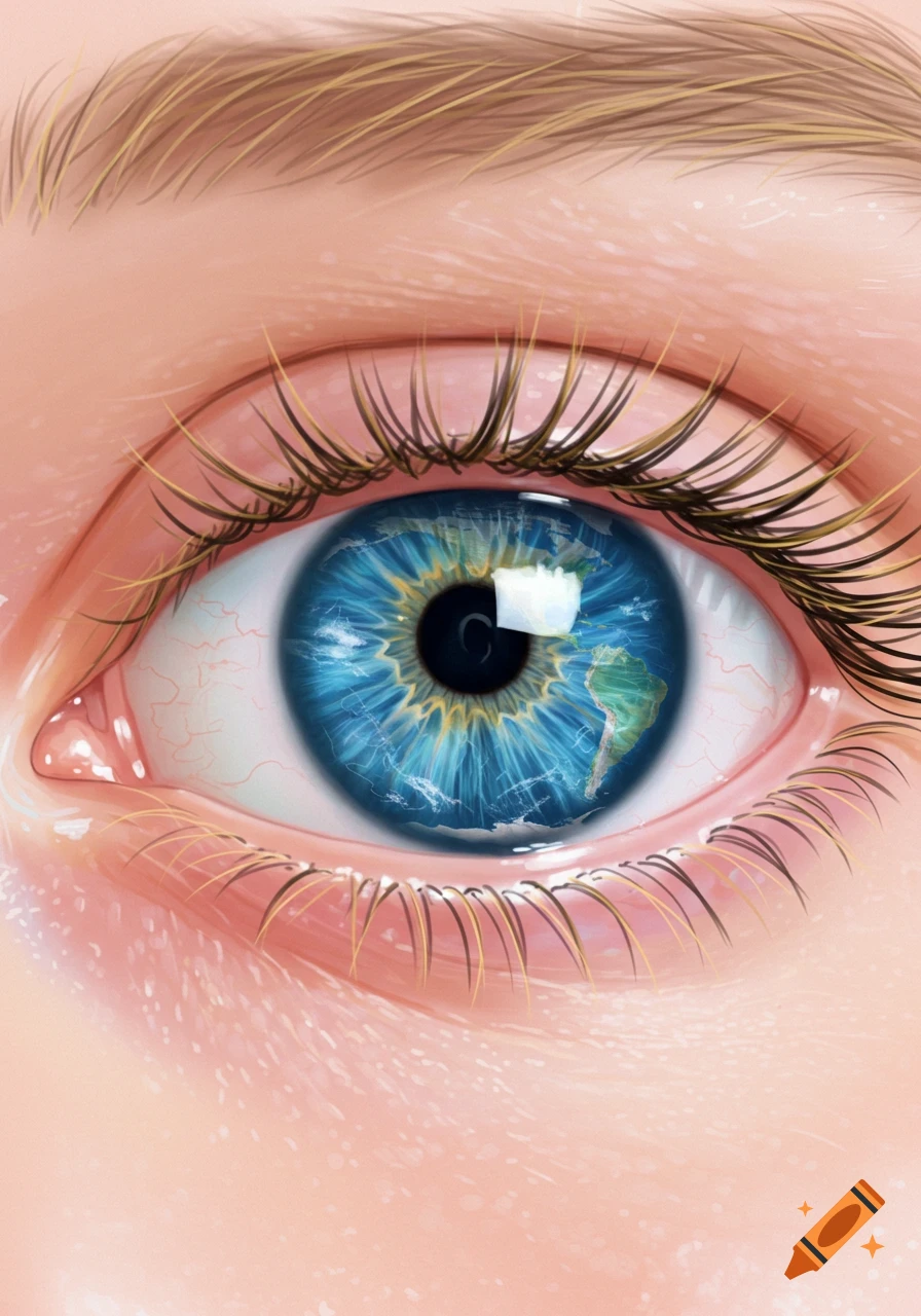 A close-up digital painting of a human eye with the Earth's continents visible in its blue iris.