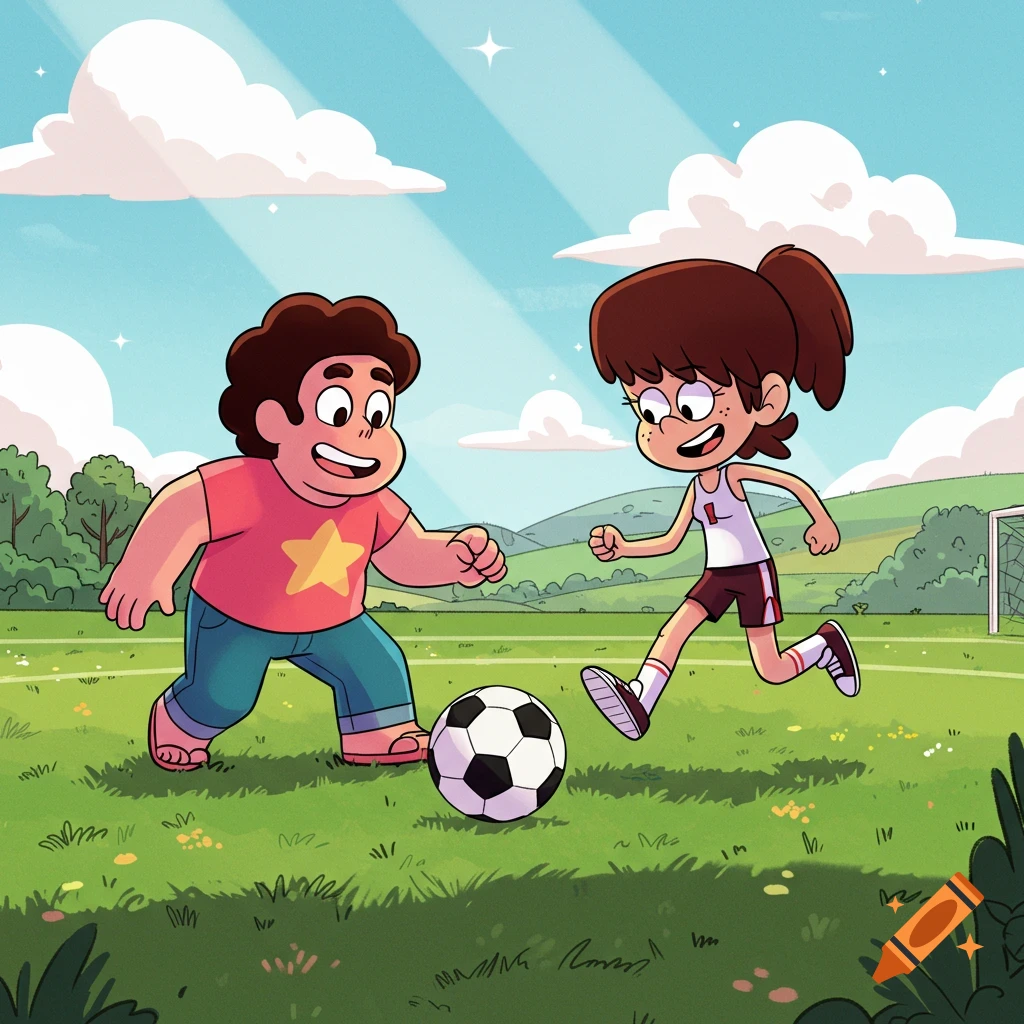 Steven Universe and Lynn Loud Jr. play soccer on a grassy field under a blue sky in a cartoon style.