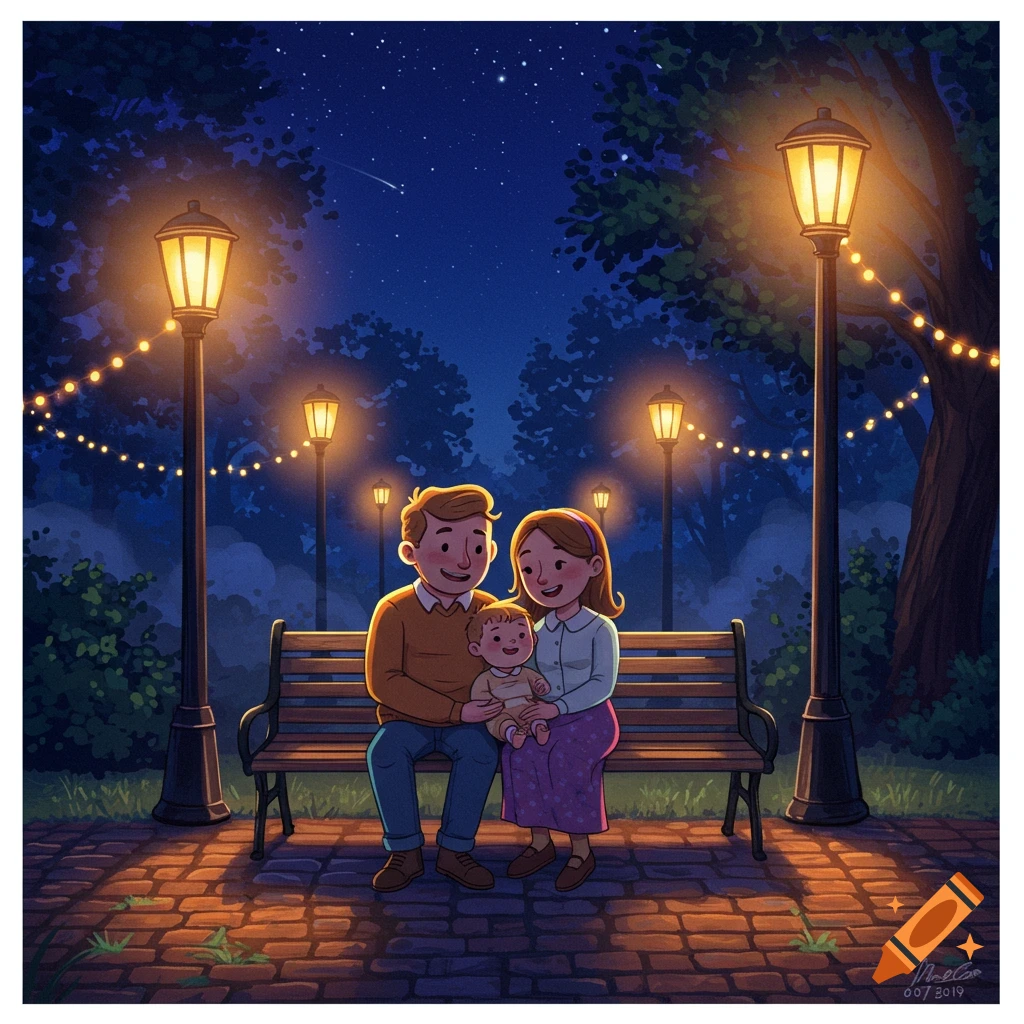 An illustration of a family (father, mother, and baby) sitting on a park bench at night, illuminated by street lights and string lights under a starry sky.