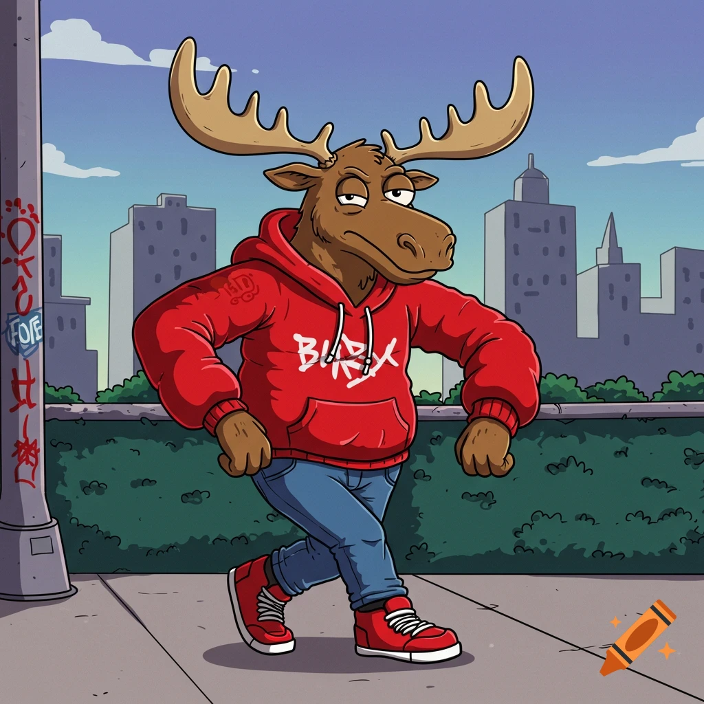 A cartoon moose wearing a red hoodie and blue jeans walks down a sidewalk in a city setting, in a Regular Show-like style.
