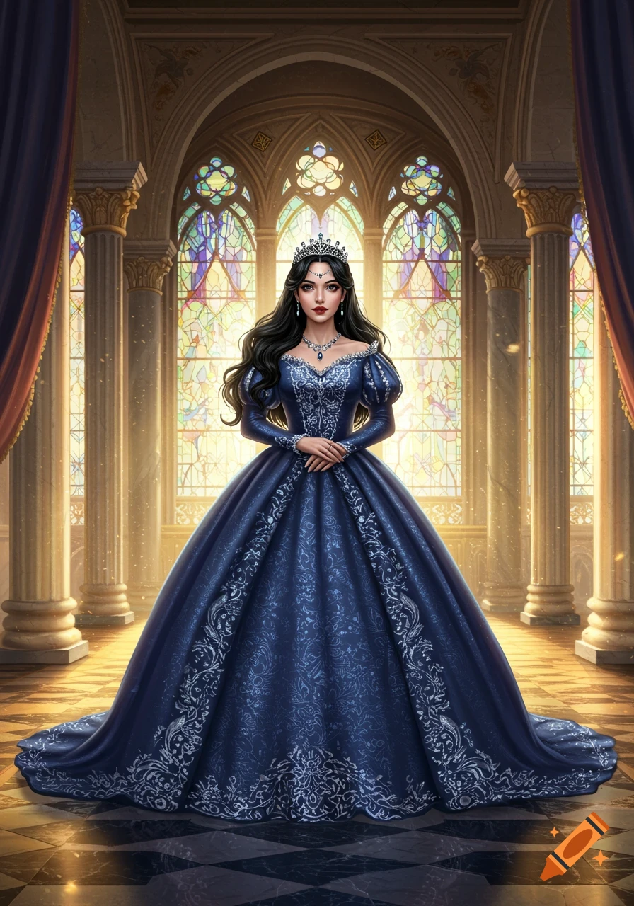 A princess in a detailed blue ball gown and crown stands in a grand hall with stained glass windows, in a digital painting style.