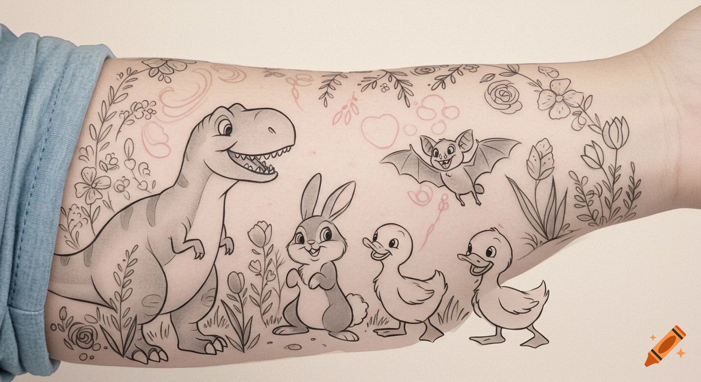A whimsical black-and-grey tattoo design on a forearm featuring a T-Rex, bunny, bat, and two ducklings among flowers.