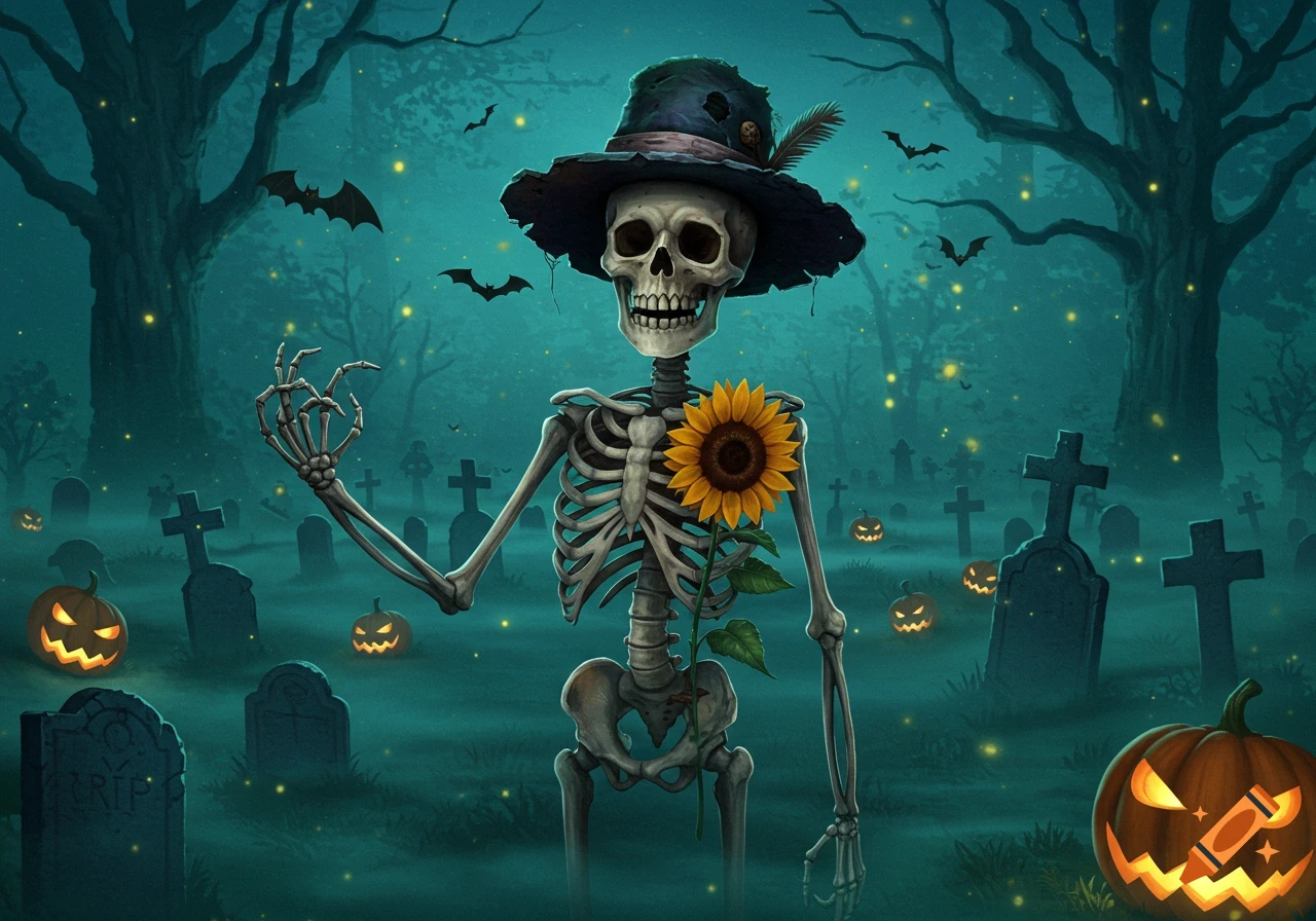 A skeleton in a top hat holds a sunflower in a misty, moonlit graveyard with glowing jack-o'-lanterns, bats, and trees.
