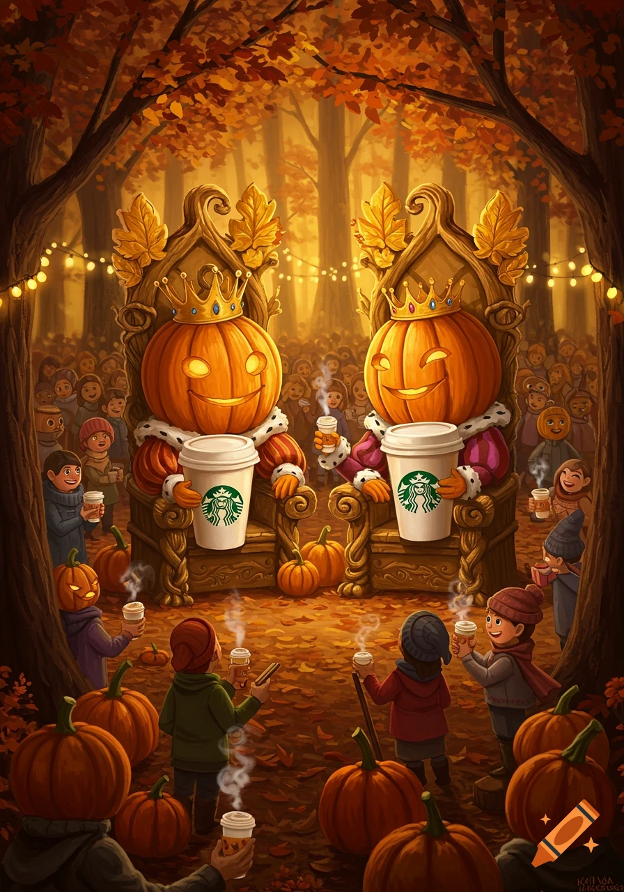 Illustrative image of two pumpkin kings sitting on thrones in an autumn forest, holding Starbucks cups. Children and other pumpkins gather around.