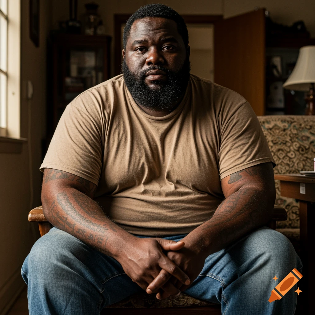 A bearded Black man with tattoos sits in a chair in a dimly lit room, hands clasped.