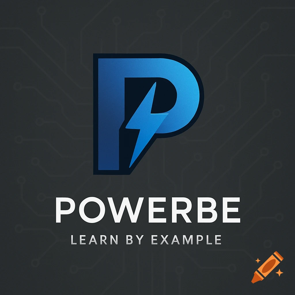 A blue letter P logo with a lightning bolt on a dark background, text reads "POWERBE LEARN BY EXAMPLE".