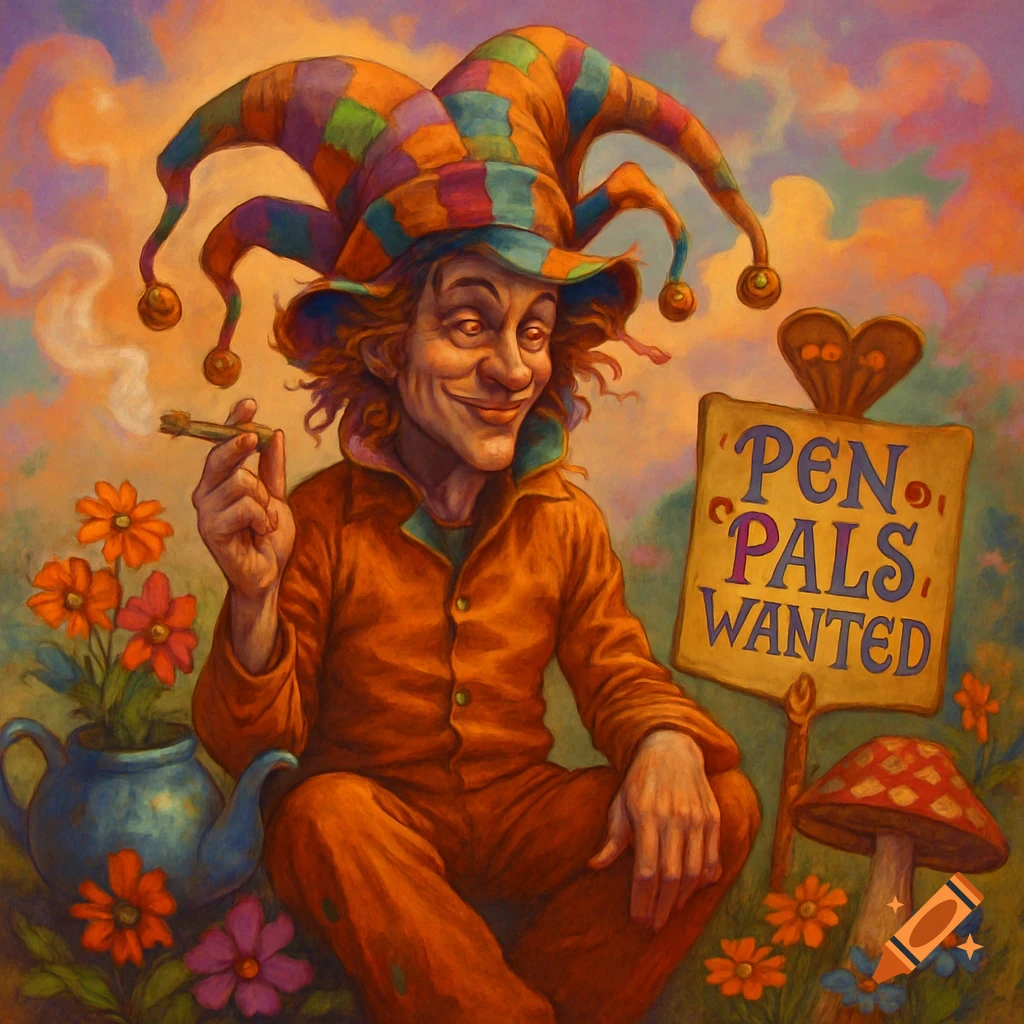 A smiling jester in an orange jumpsuit and colorful hat sits in a field, smoking, next to a 'PEN PALS WANTED' sign in a painterly style.