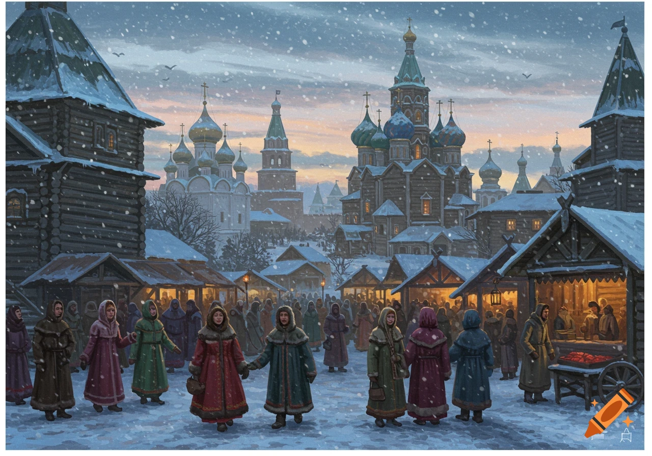 A snowy market scene in a medieval Russian town with people in traditional clothing, wooden buildings, and domed cathedrals under a twilight sky.