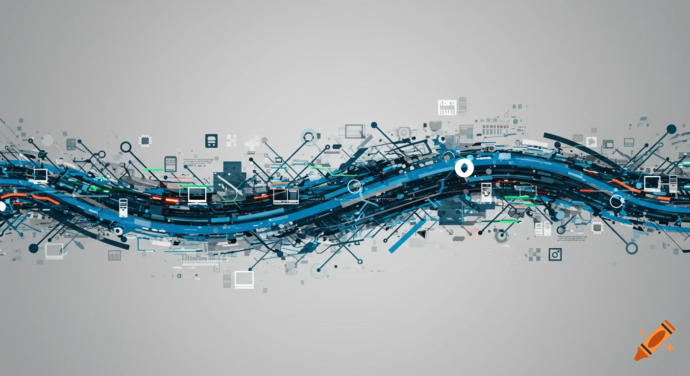 Abstract vector design with blue data streams and tech icons on a gray background.