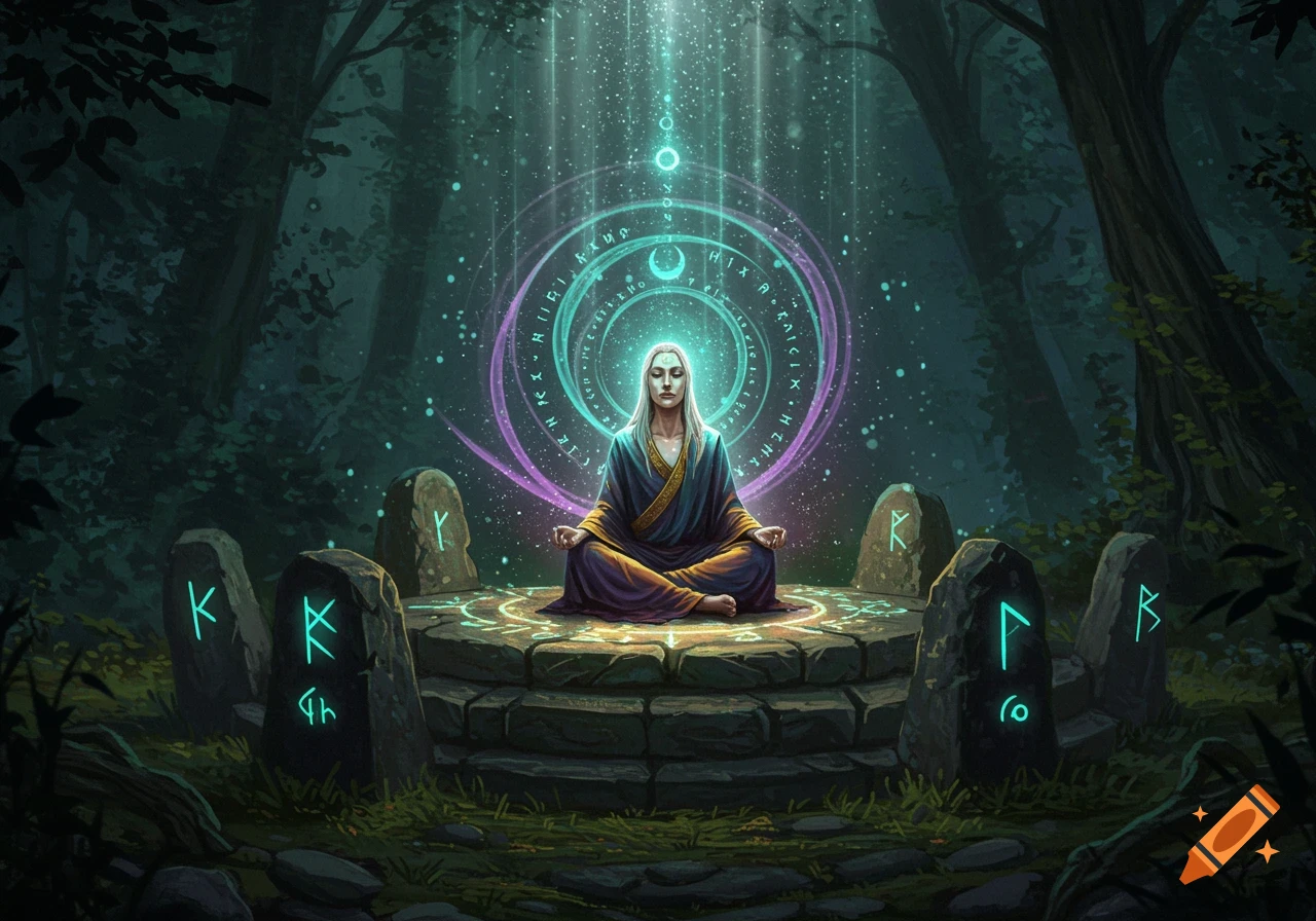 A figure with long white hair meditates cross-legged in a dark forest, surrounded by glowing teal and purple magic circles and ancient runic stones.