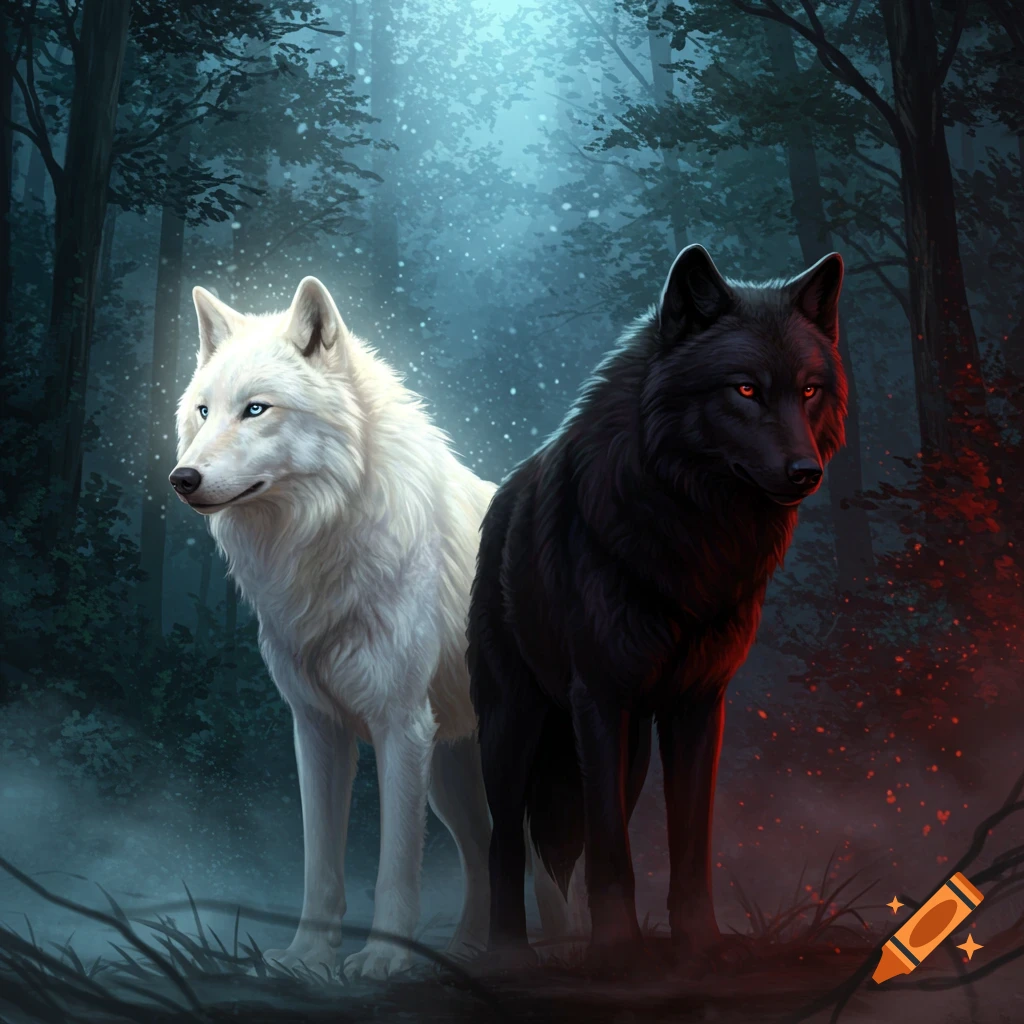 A white wolf with blue eyes and a black wolf with red eyes stand side-by-side in a mystical, dark forest.