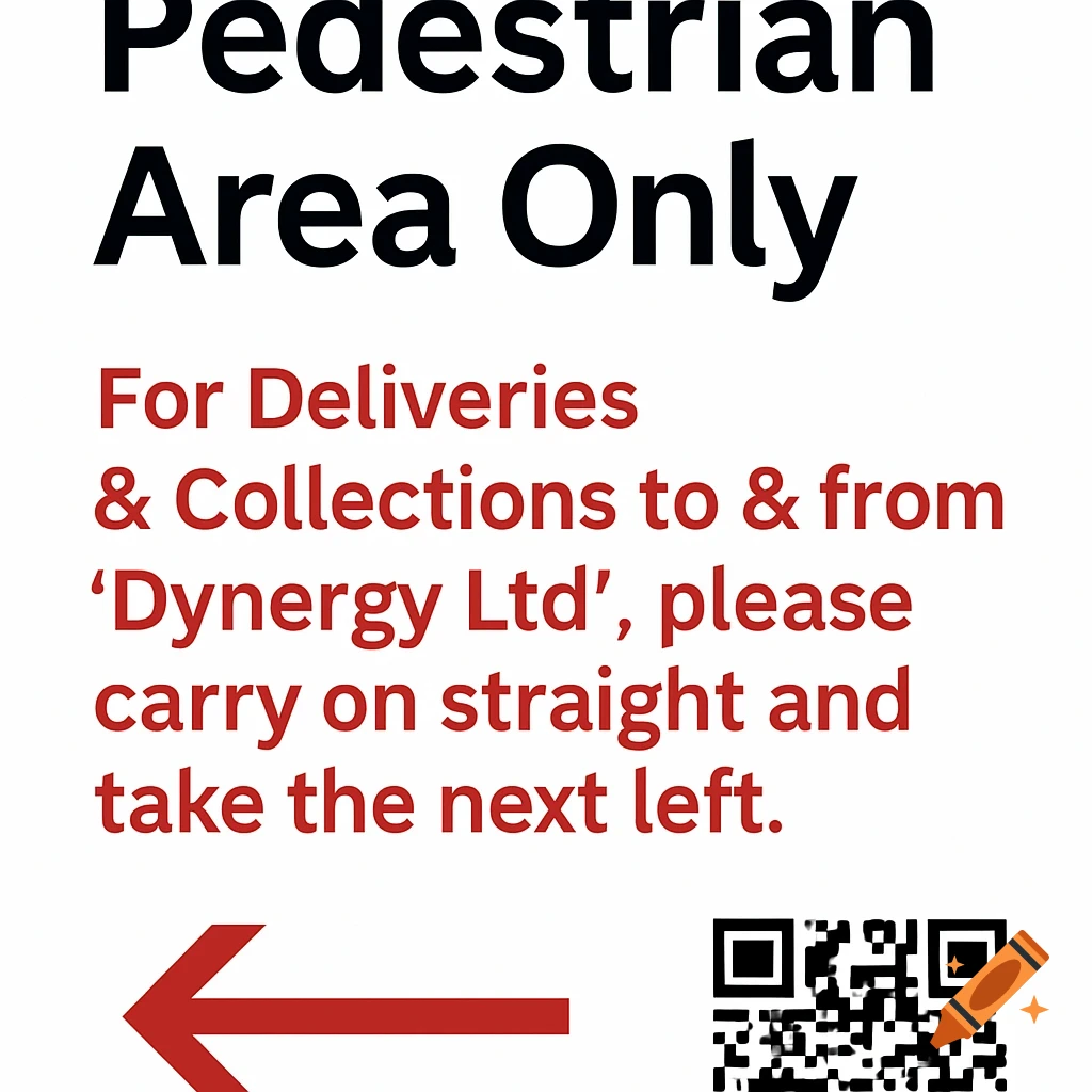A white sign with black and red text. Black text says 'Pedestrian Area Only'. Red text gives delivery directions for 'Dynergy Ltd' with an arrow and QR code.