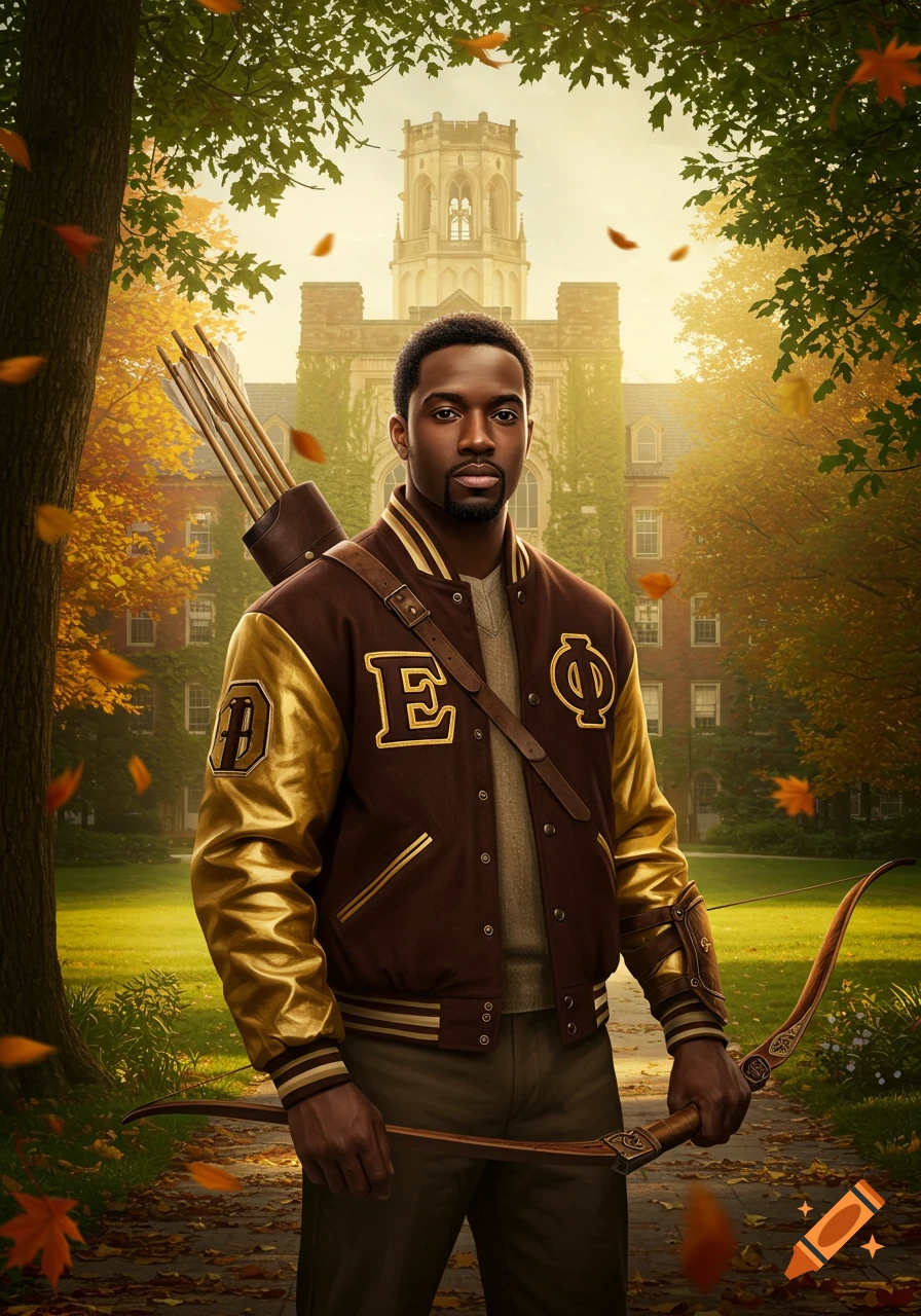 African-American man in a brown and gold frat jacket with a bow and arrows, standing on a college campus in autumn.