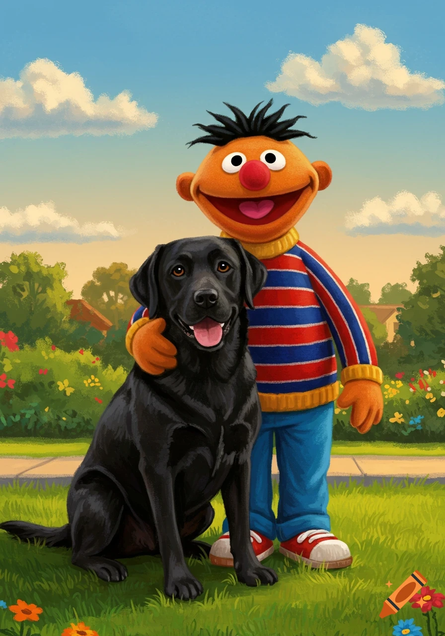 Ernie from Sesame Street standing with his arm around a black Labrador dog in a grassy park.
