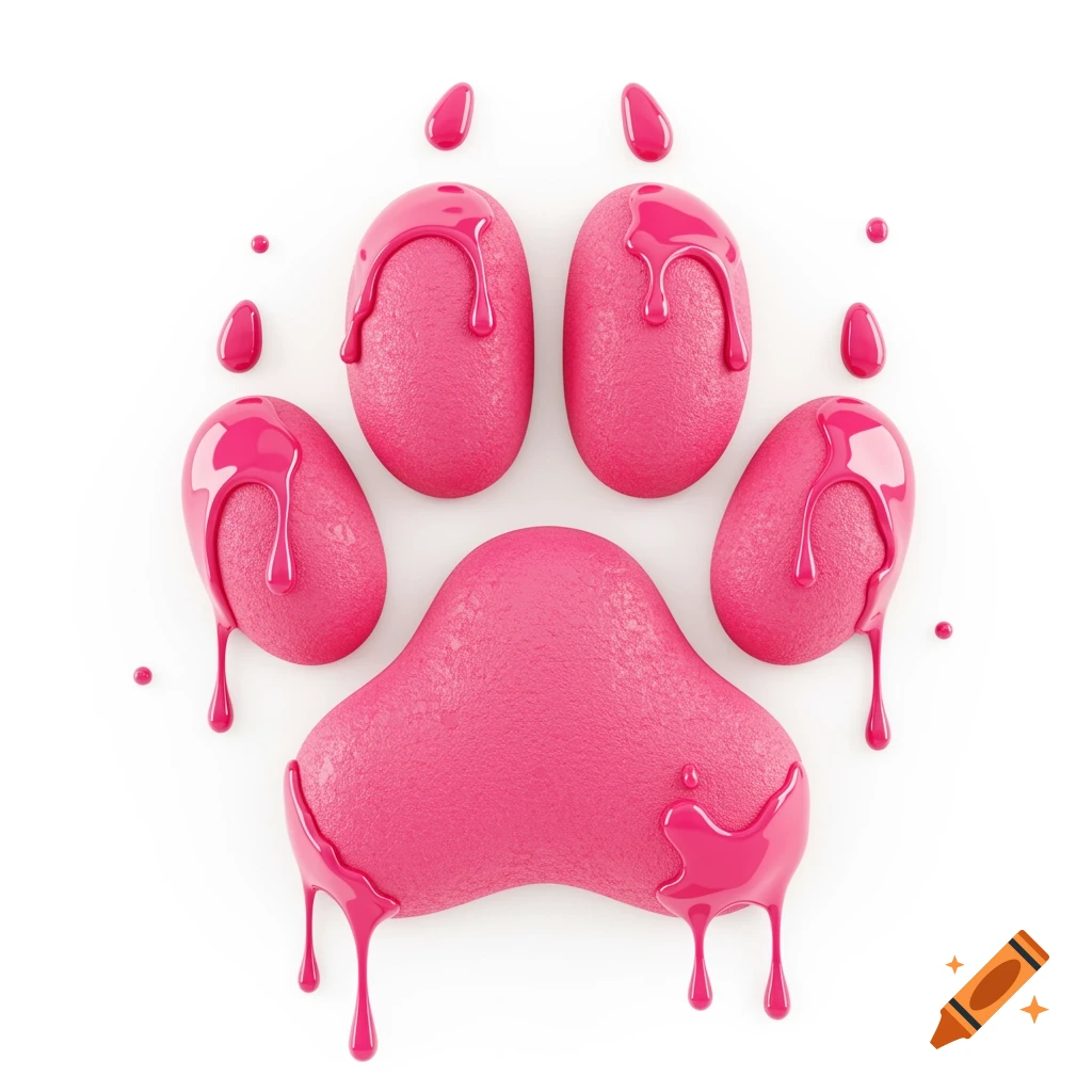 A vibrant pink paw print with glossy pink paint dripping, on a white background.