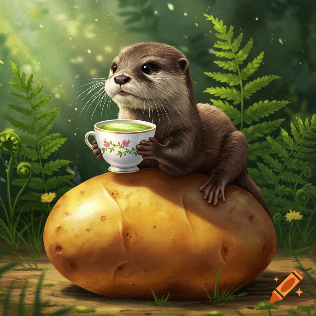 An illustrated otter sitting on a large potato, holding a white teacup filled with green matcha in a forest setting.