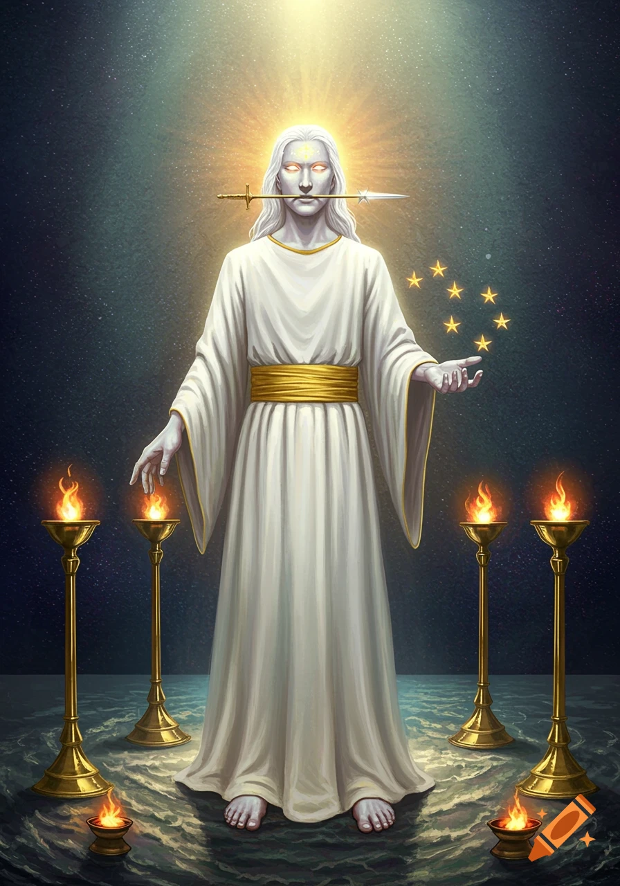 A radiant, white-haired figure in a white robe with a gold sash, with a sword in mouth, holding stars, surrounded by flaming lampstands.