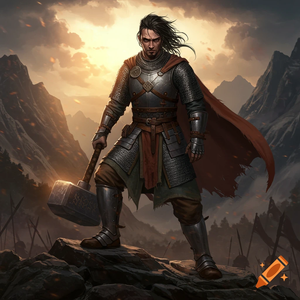 A powerful warrior in chainmail armor and a red cape stands on rocks holding a glowing hammer, against a dramatic sunset mountain landscape.