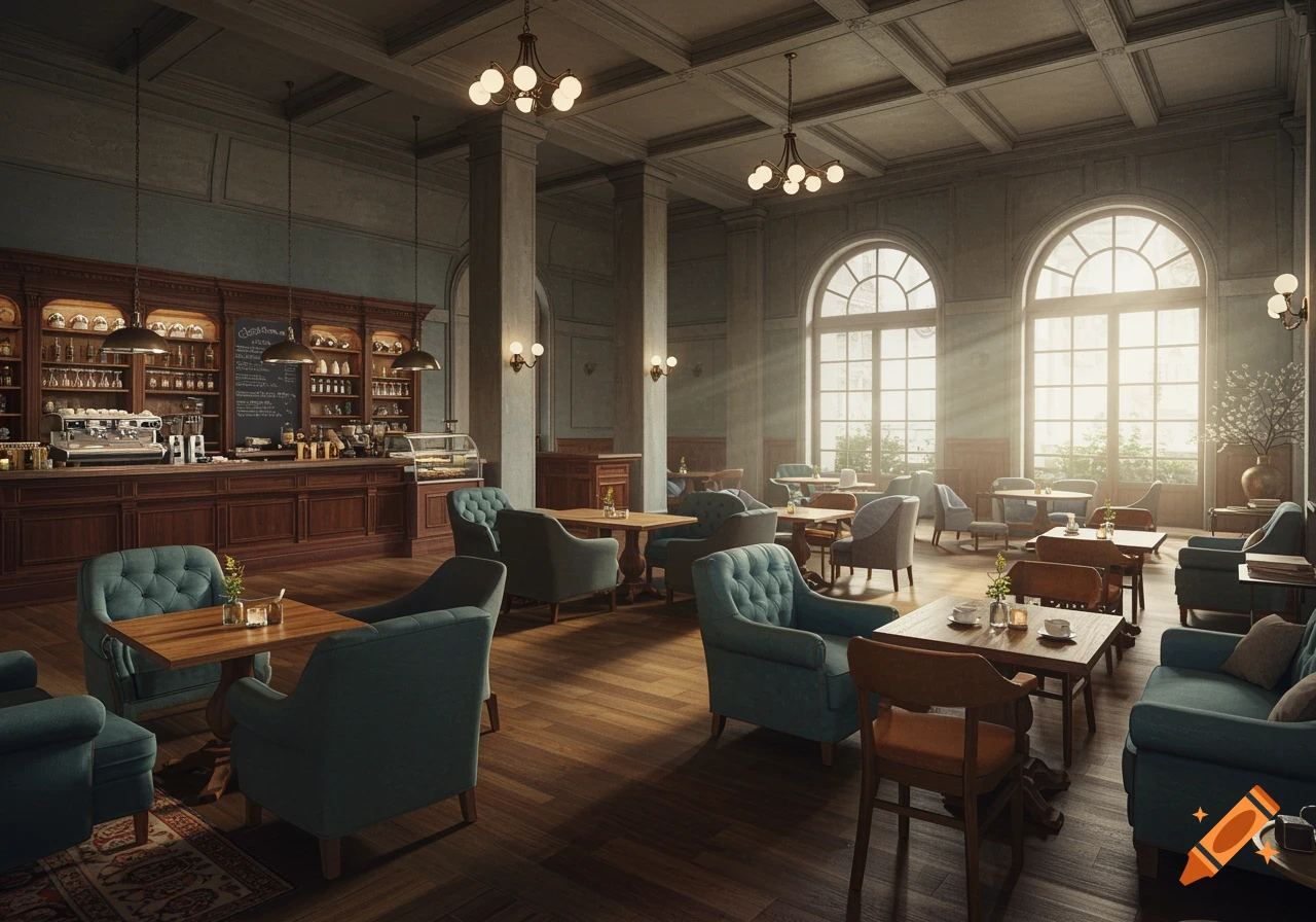 A grand cafe interior with high ceilings, large arched windows, and teal armchairs with wooden tables. Sunlight streams through the windows onto the wooden floor.