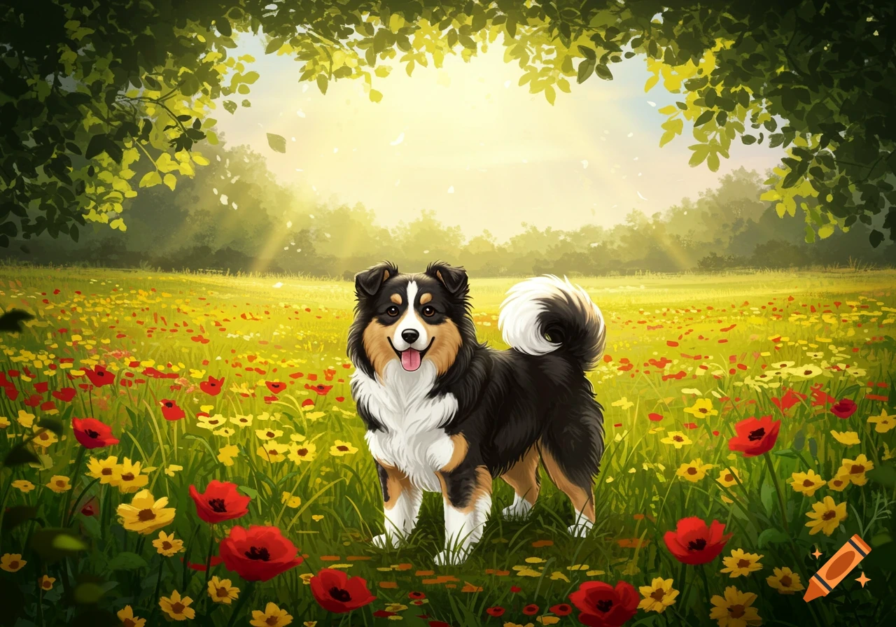 A cute black, white, and brown dog stands in a vibrant field of red and yellow flowers under sunlit trees.