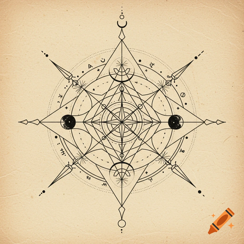 A detailed black line art occult glyph featuring intricate geometric patterns, circles, stars, and abstract symbols, all on a textured beige paper background.
