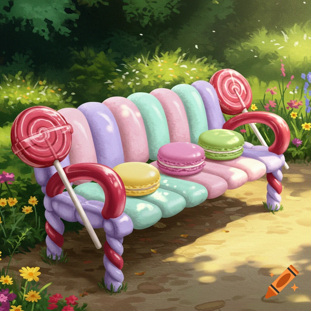 A whimsical pastel-colored bench made of candy and lollipops sits in a sunny garden with green foliage and flowers.