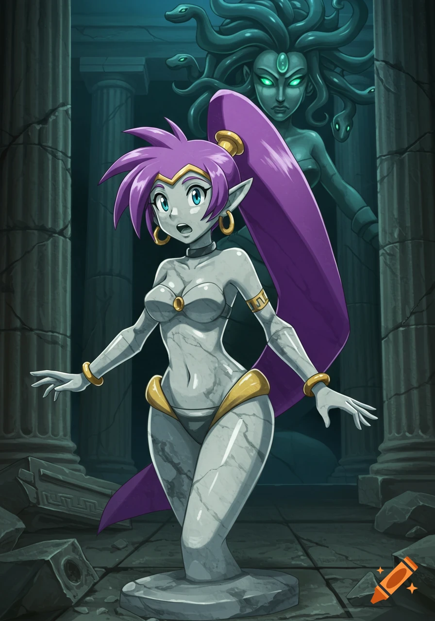 Anime-style illustration of Shantae as a surprised marble statue in ancient ruins, with Medusa lurking in the background.