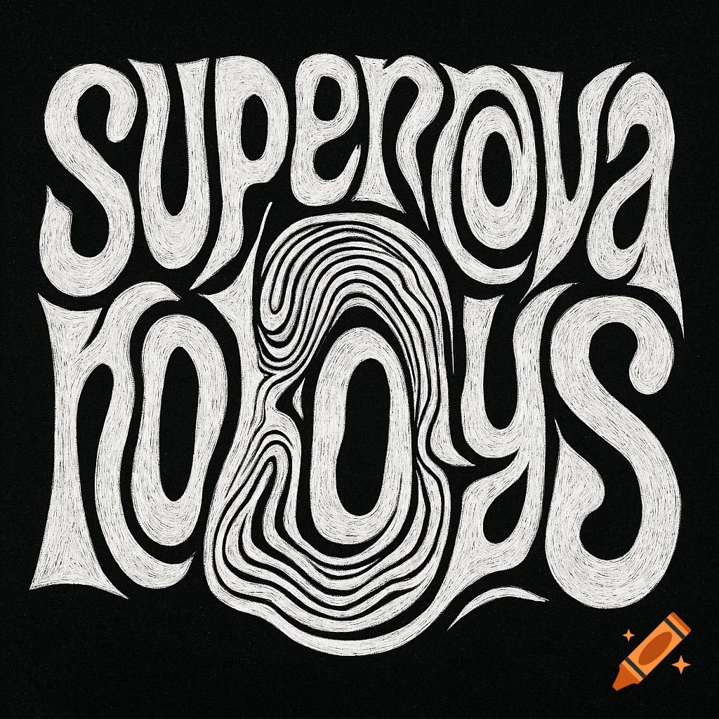 Wavy, hand-drawn white text spelling "SUPERNOVABOYS" on a black background.