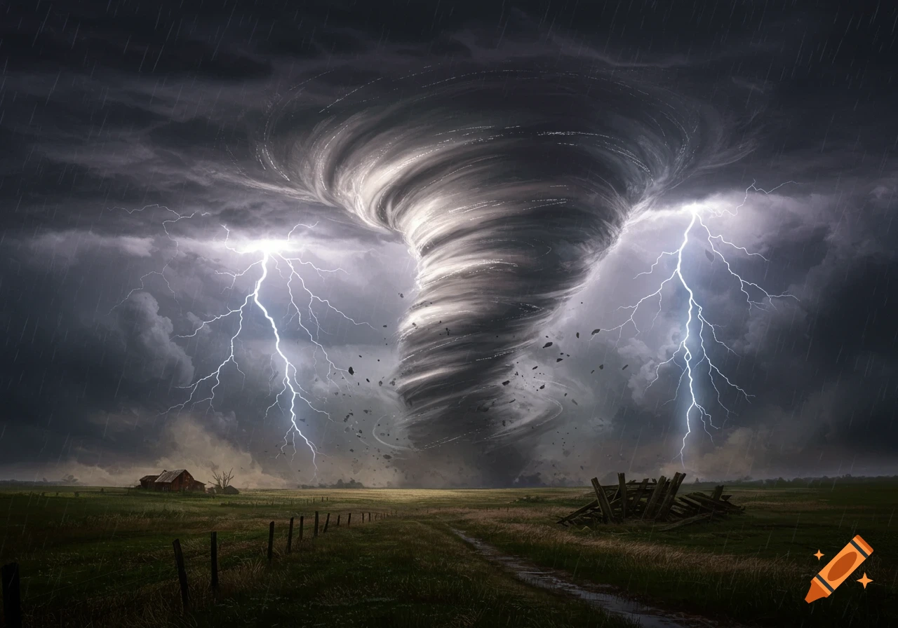 A massive tornado rips through a rural field under a dark, stormy sky with bolts of lightning and heavy rain, debris flying.