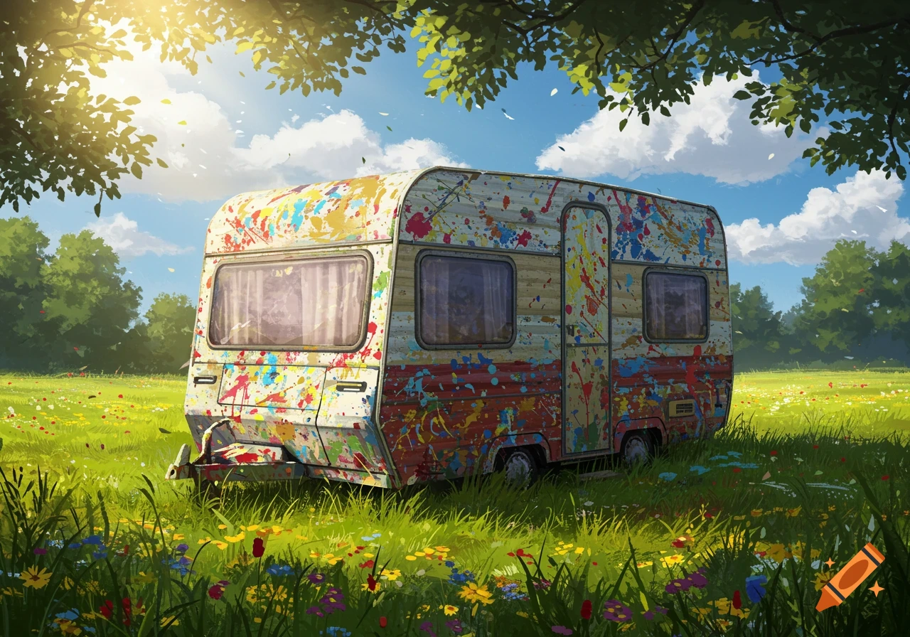 A colorful caravan splattered with paint in a field of wildflowers under a sunny sky in the style of Jackson Pollock.