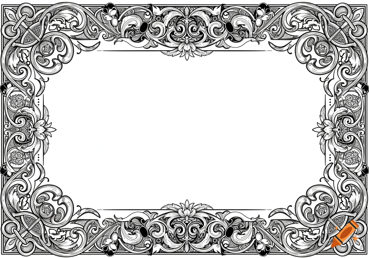 Black and white medieval ornamental frame with intricate scrolling patterns and floral details surrounding a blank rectangular space.