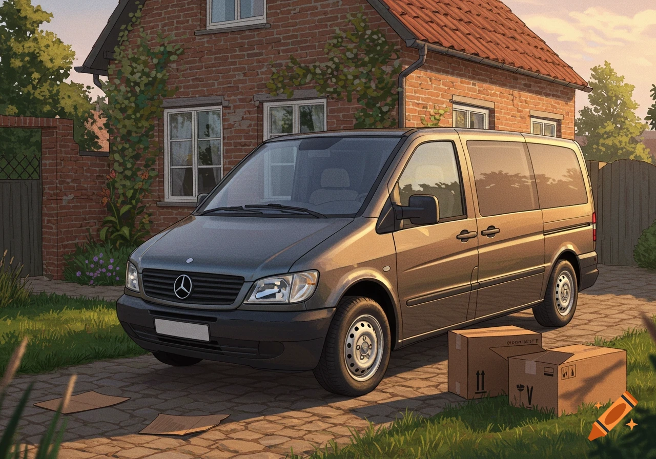 A dark gray Mercedes-Benz van is parked on a paved driveway in front of a brick house with two cardboard boxes on the grass.