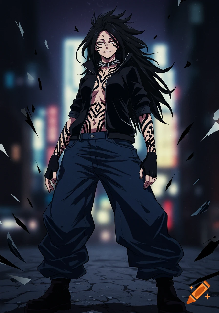 An anime-style character with long black hair, an open black jacket revealing geometric tattoos, baggy black jeans, and a spiked necklace, standing in a dark urban setting with shattered glass effects.