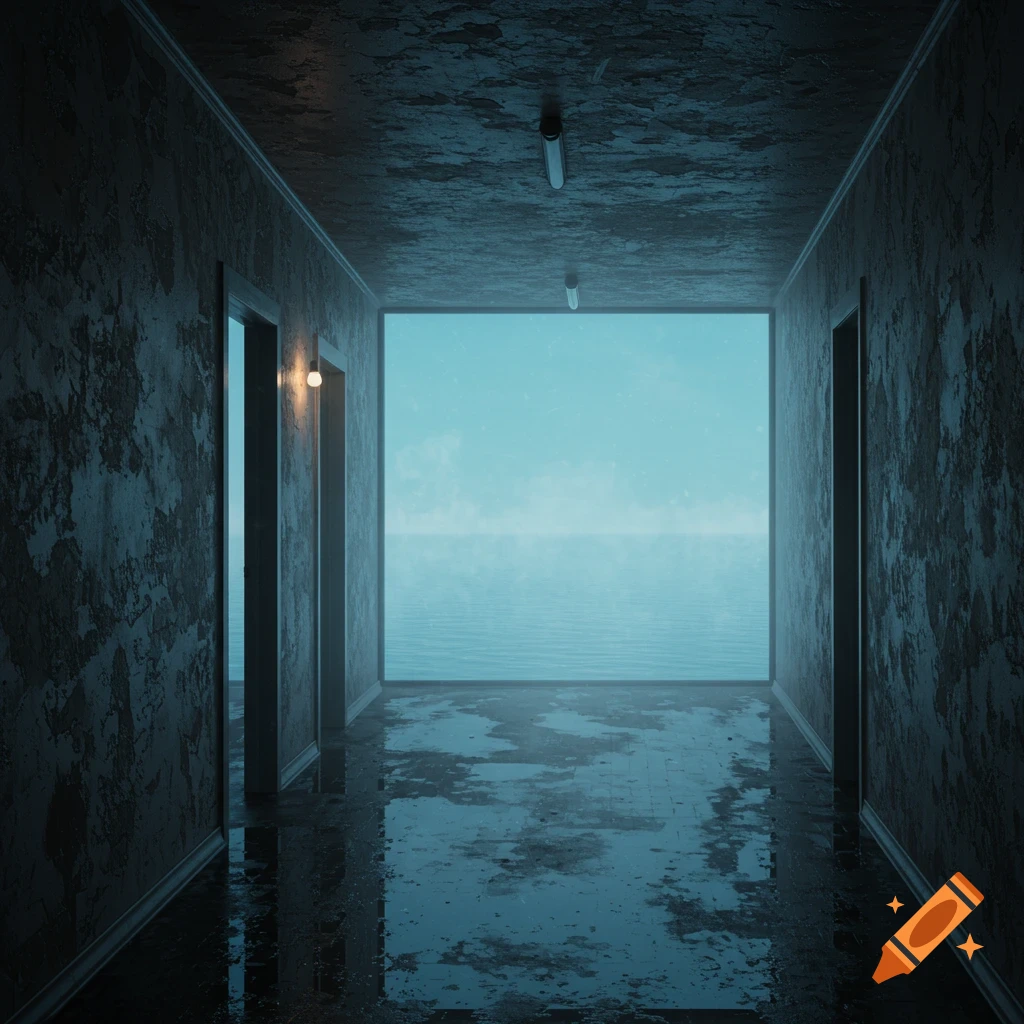 A dimly lit, grungy hallway opens to a vast, misty ocean, characteristic of a liminal space.