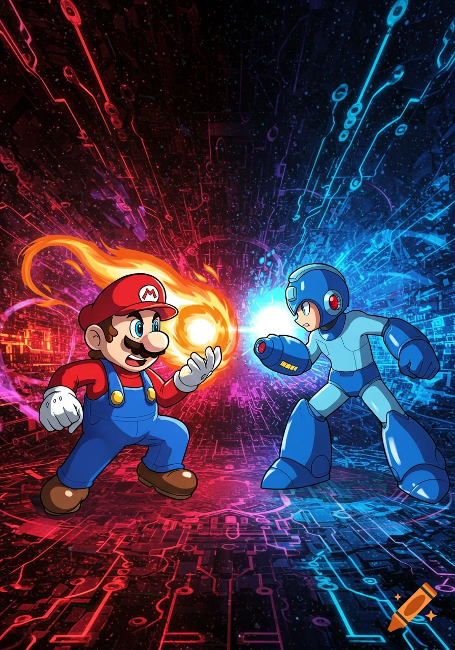 Cartoon Mario and Mega Man face off, surrounded by glowing red and blue circuit patterns with energy swirling between them.